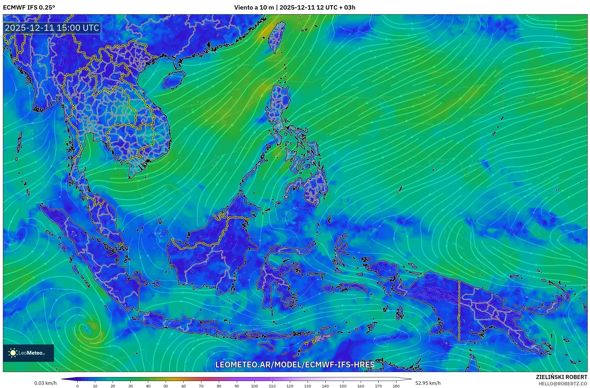 ECMWF IFS 0.25° model - Sudeste Asiático, Viento a 10 m