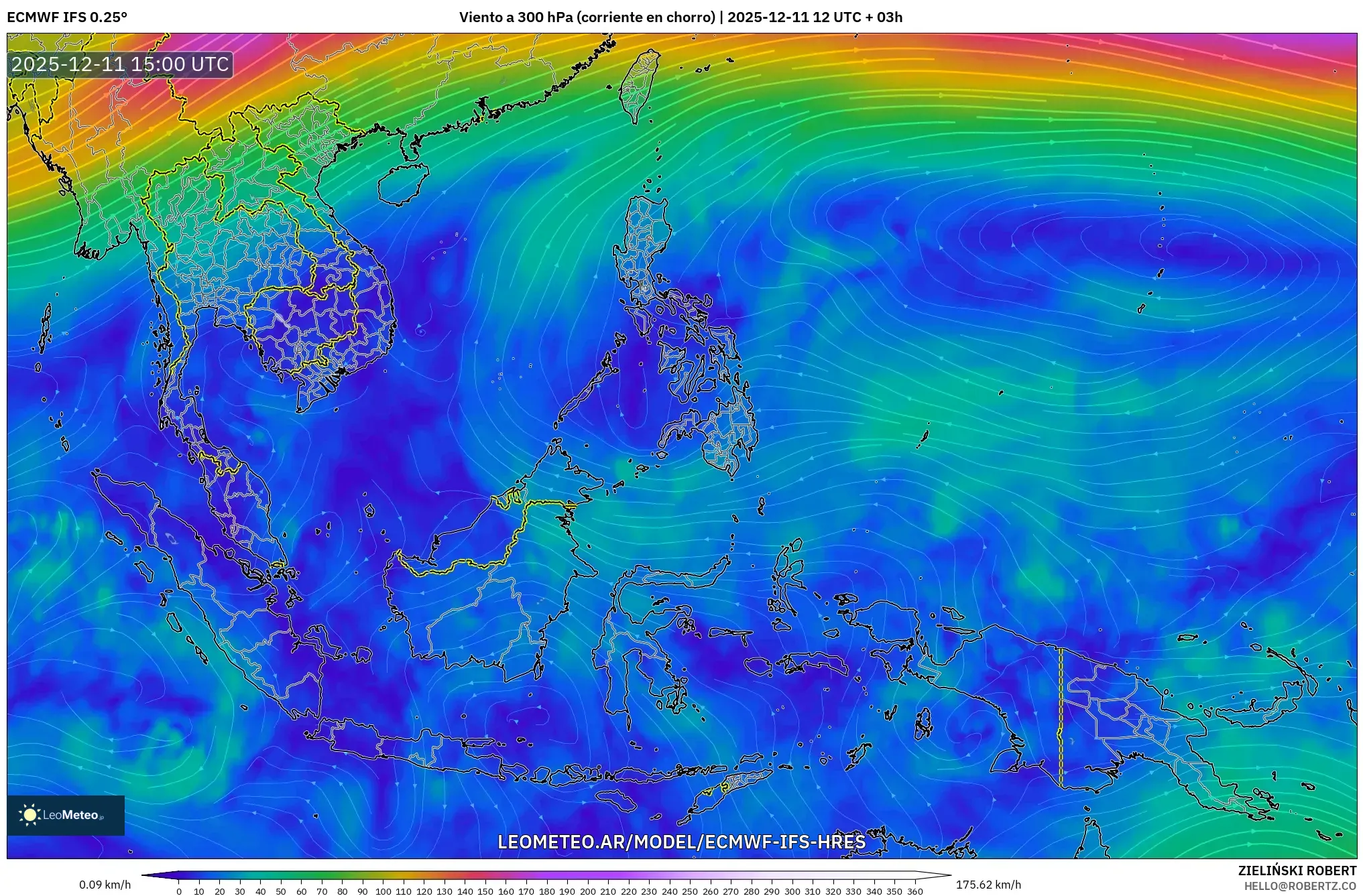 ECMWF IFS 0.25° model - Sudeste Asiático, Viento a 300 hPa (corriente en chorro)