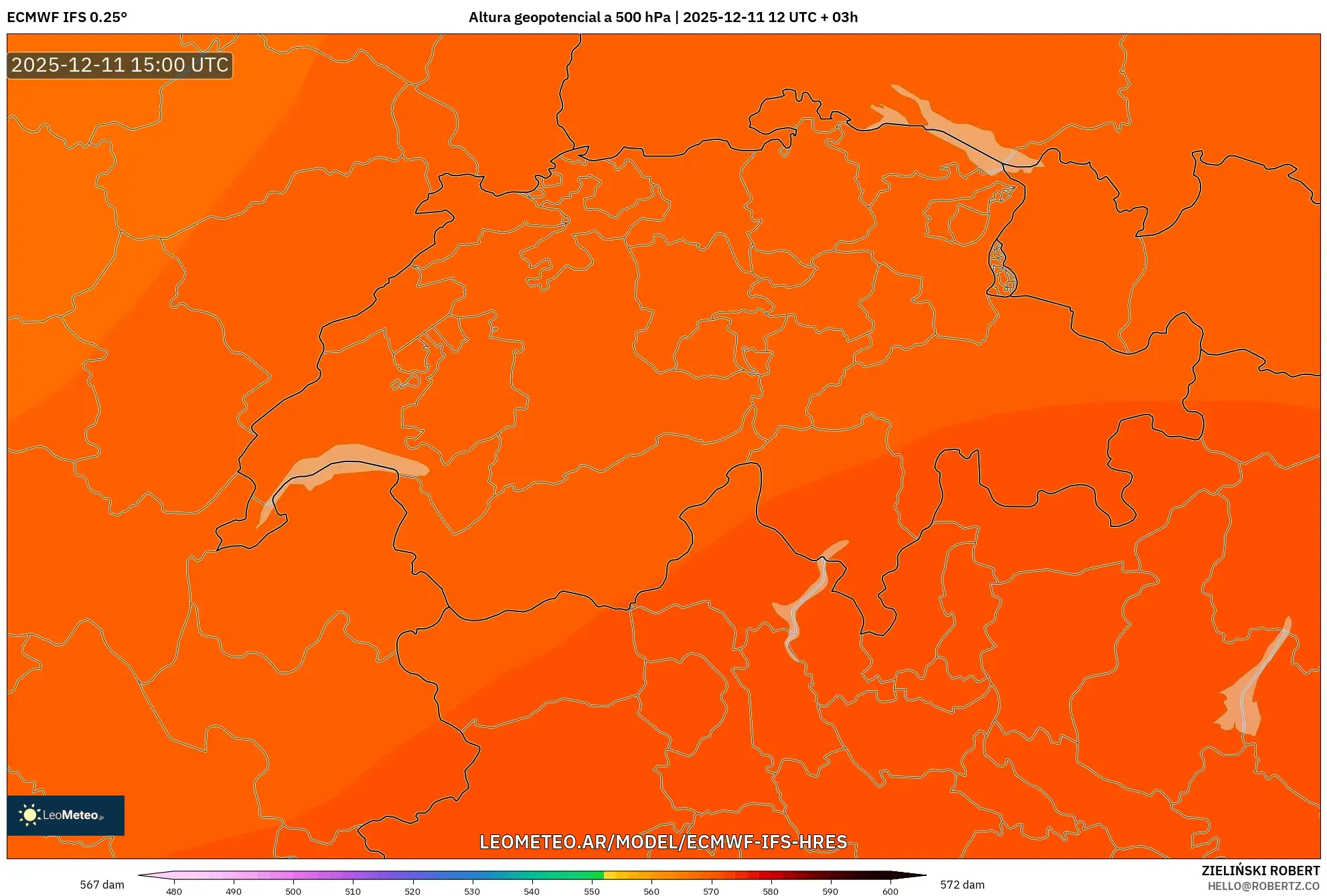ECMWF IFS 0.25° model - Suiza, Altura geopotencial a 500 hPa