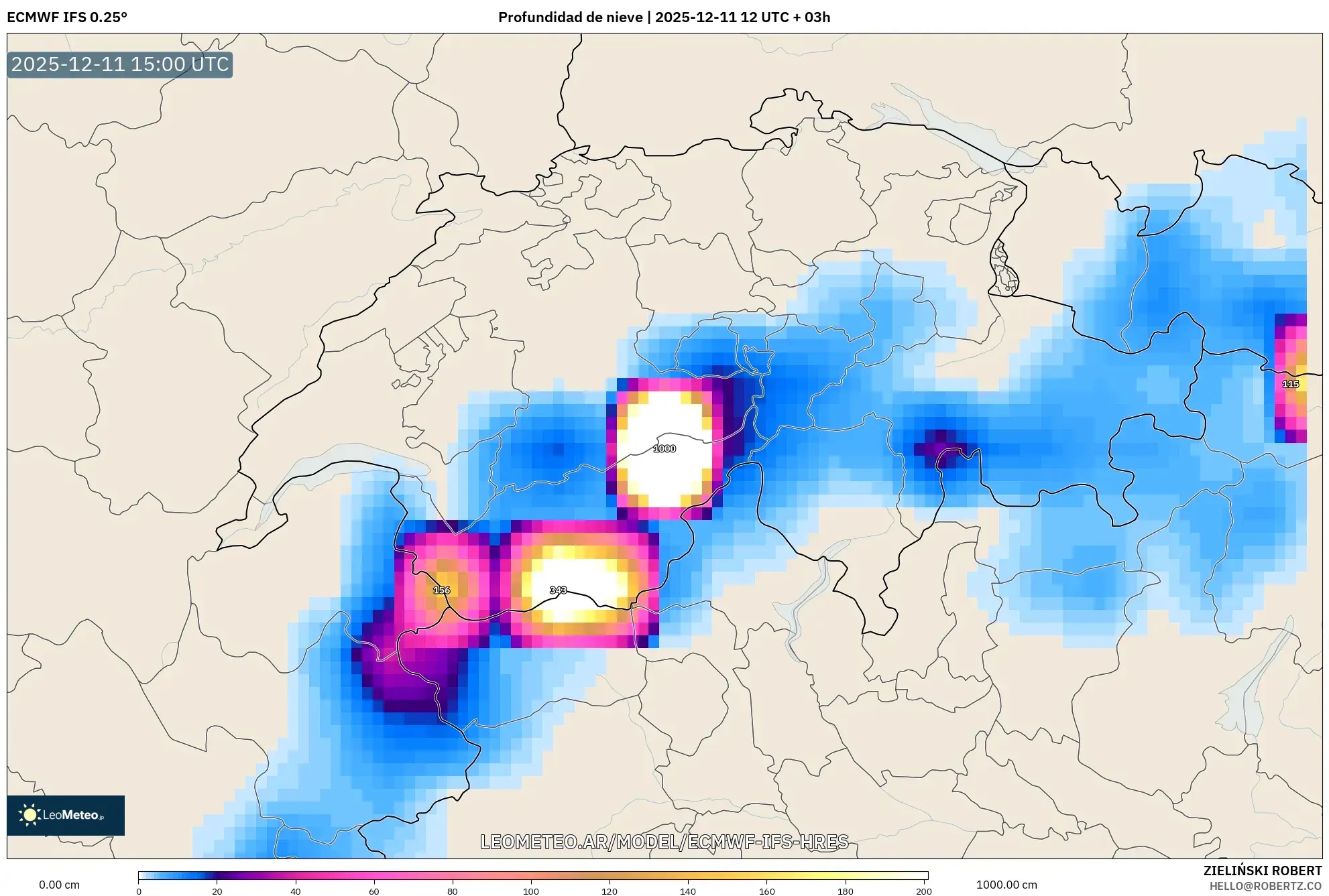 ECMWF IFS 0.25° model - Suiza, Profundidad de nieve