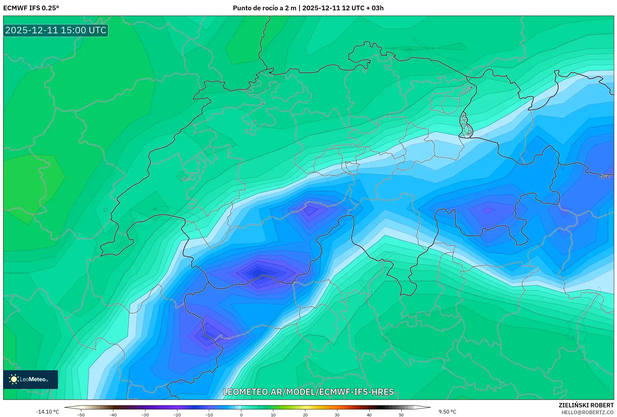 ECMWF IFS 0.25° model - Suiza, Punto de rocío a 2 m