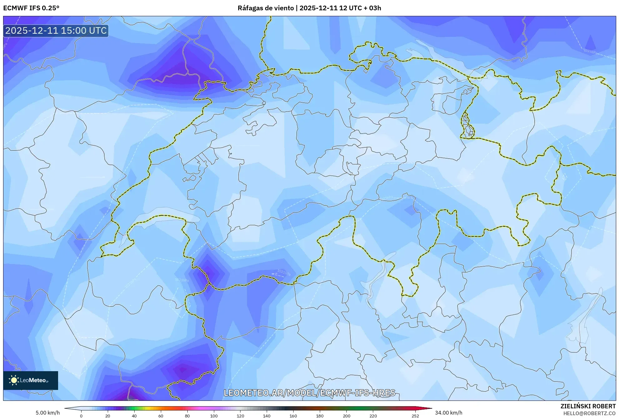 ECMWF IFS 0.25° model - Suiza, Ráfagas de viento