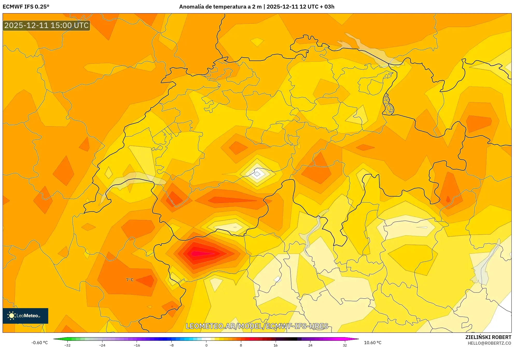 ECMWF IFS 0.25° model - Suiza, Anomalía de temperatura a 2 m