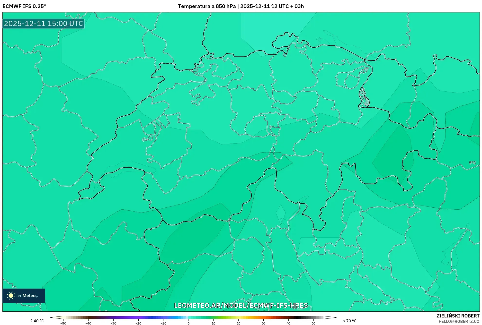ECMWF IFS 0.25° model - Suiza, Temperatura a 850 hPa