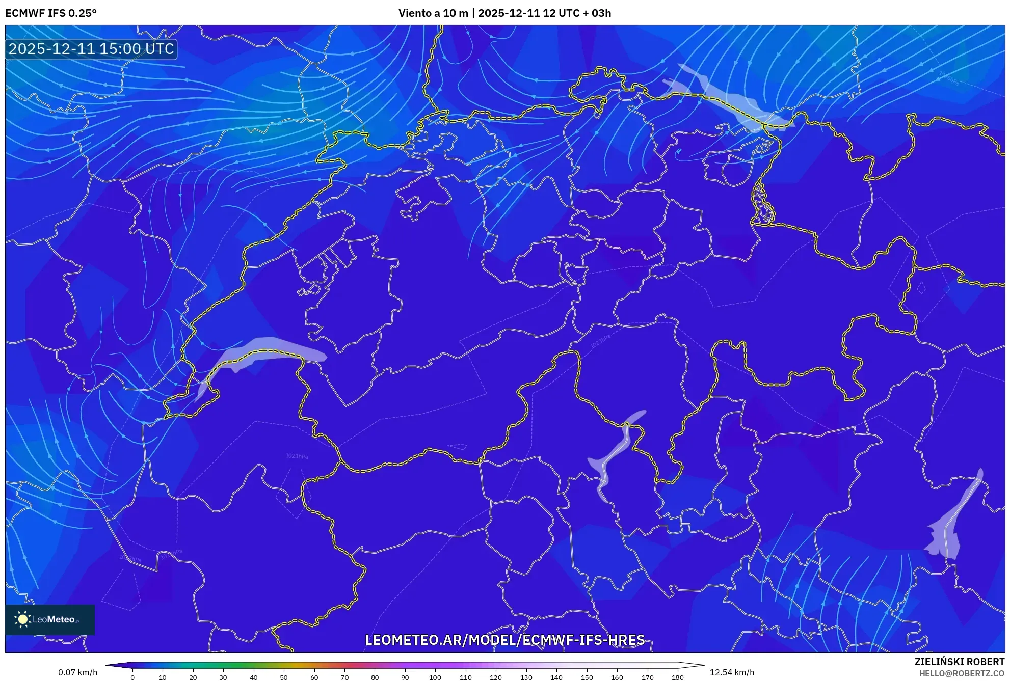 ECMWF IFS 0.25° model - Suiza, Viento a 10 m