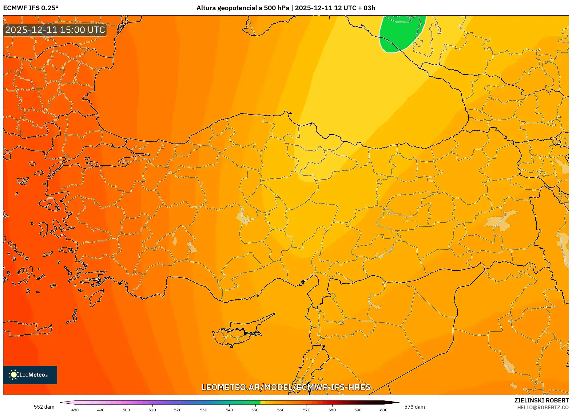 ECMWF IFS 0.25° model - Turquía, Altura geopotencial a 500 hPa