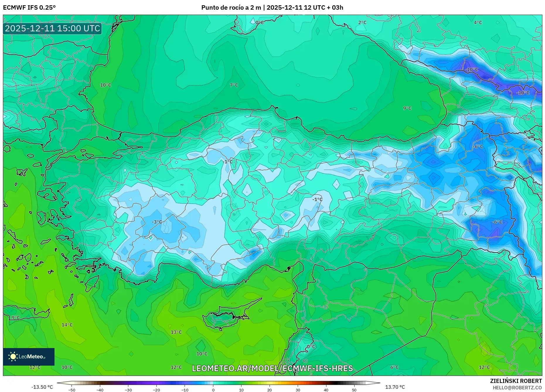 ECMWF IFS 0.25° model - Turquía, Punto de rocío a 2 m