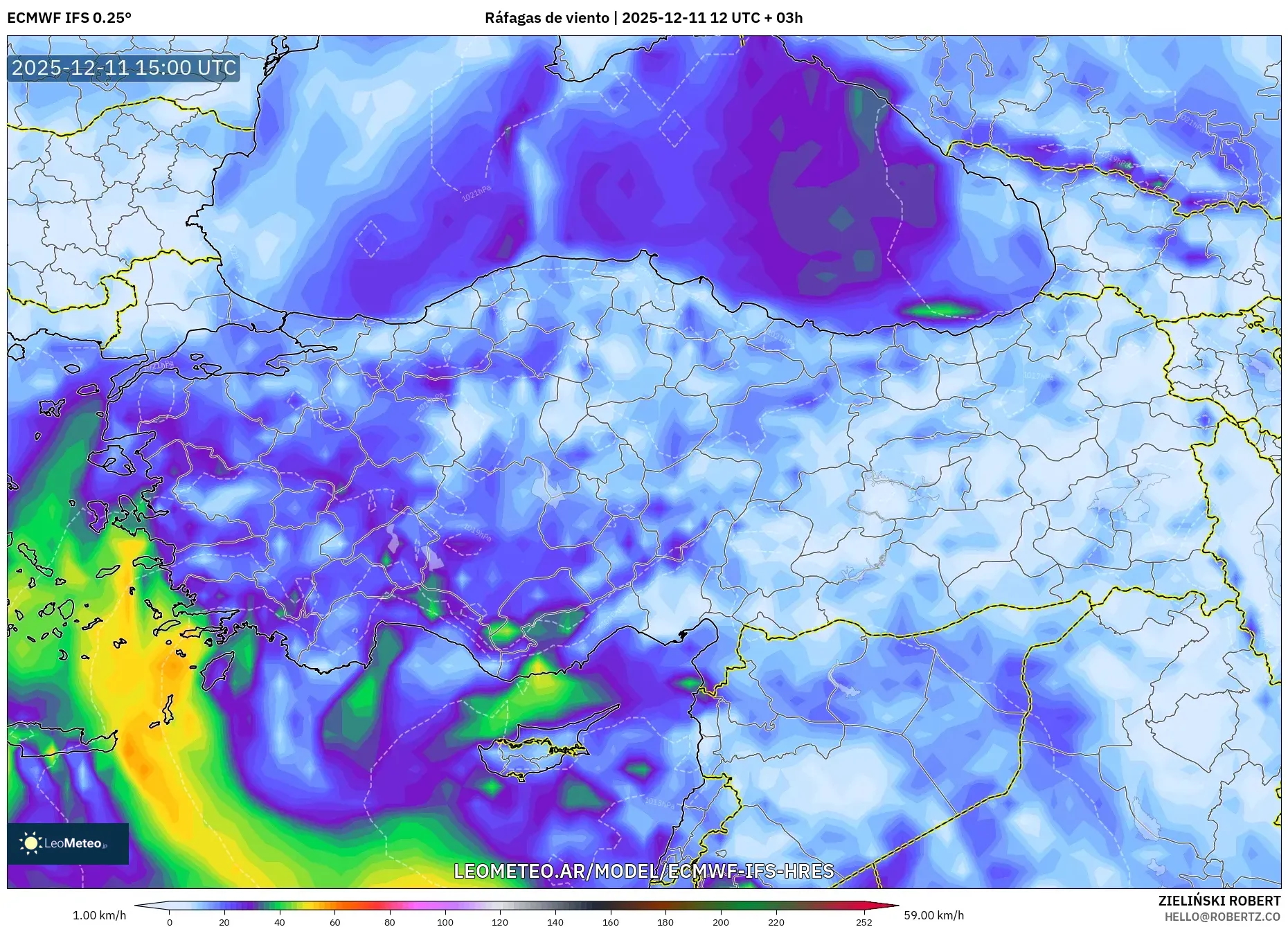 ECMWF IFS 0.25° model - Turquía, Ráfagas de viento
