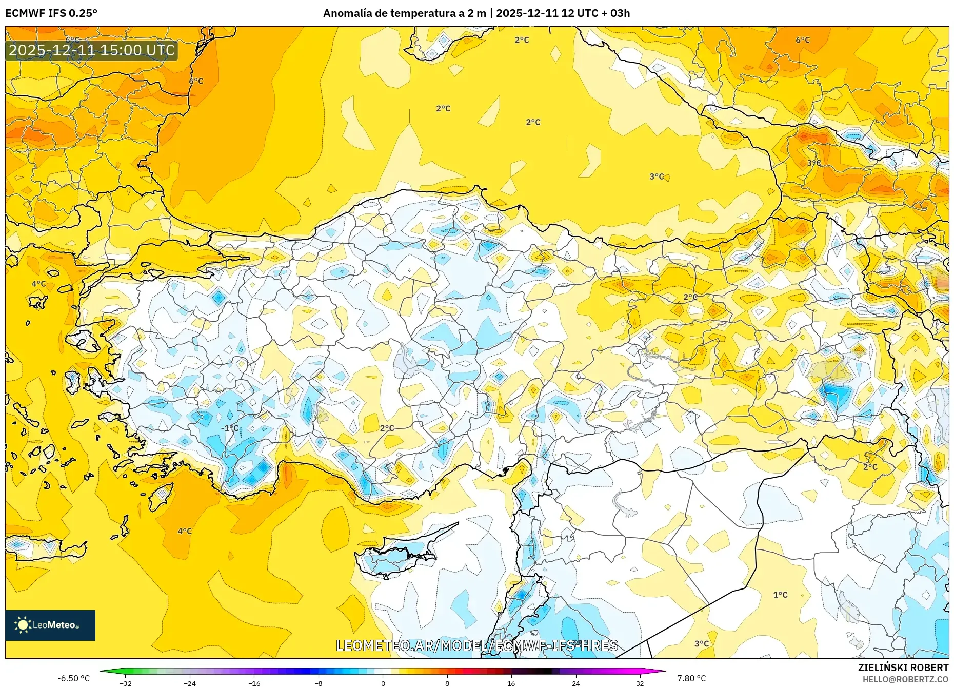 ECMWF IFS 0.25° model - Turquía, Anomalía de temperatura a 2 m