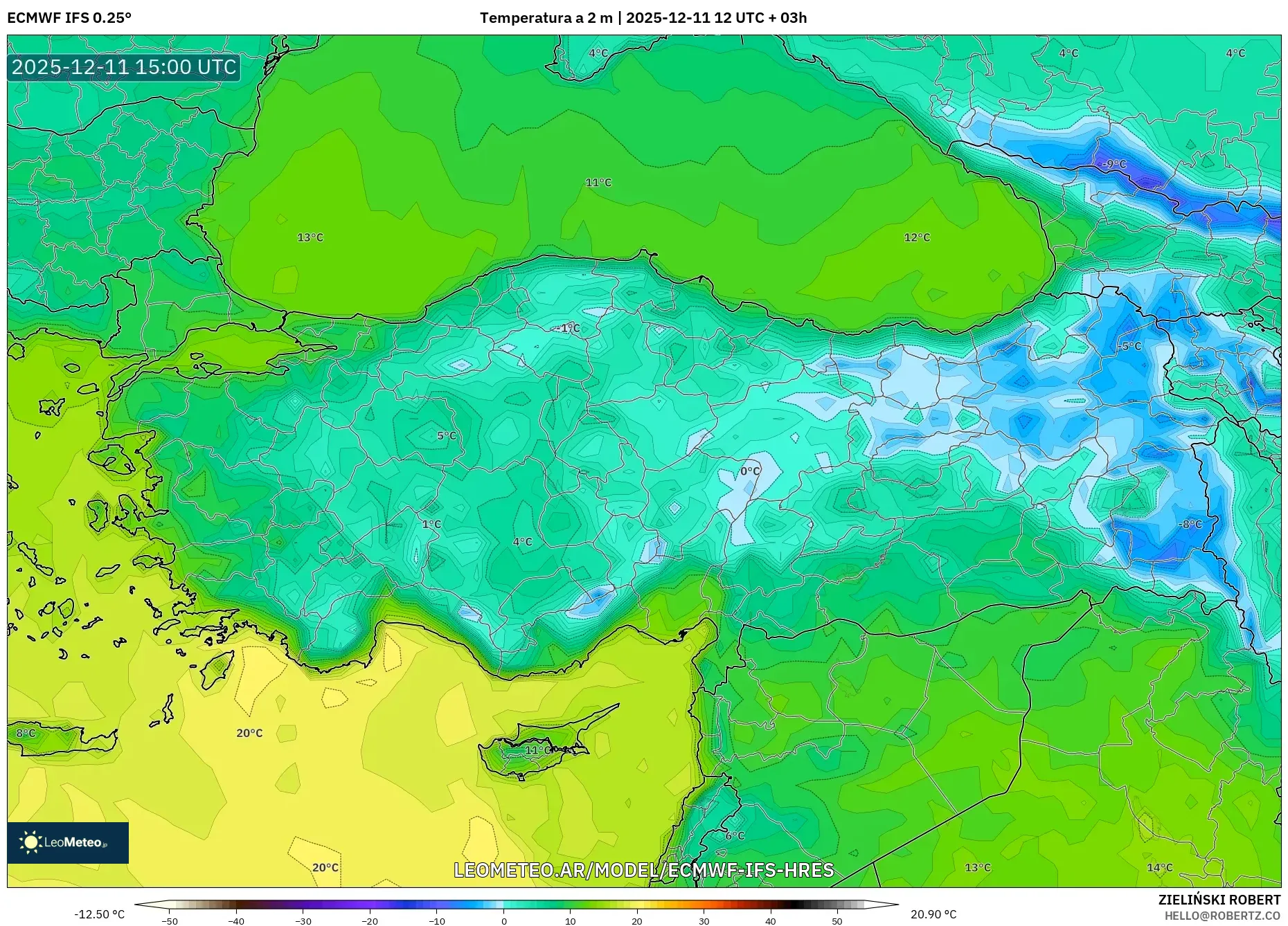 ECMWF IFS 0.25° model - Turquía, Temperatura a 2 m