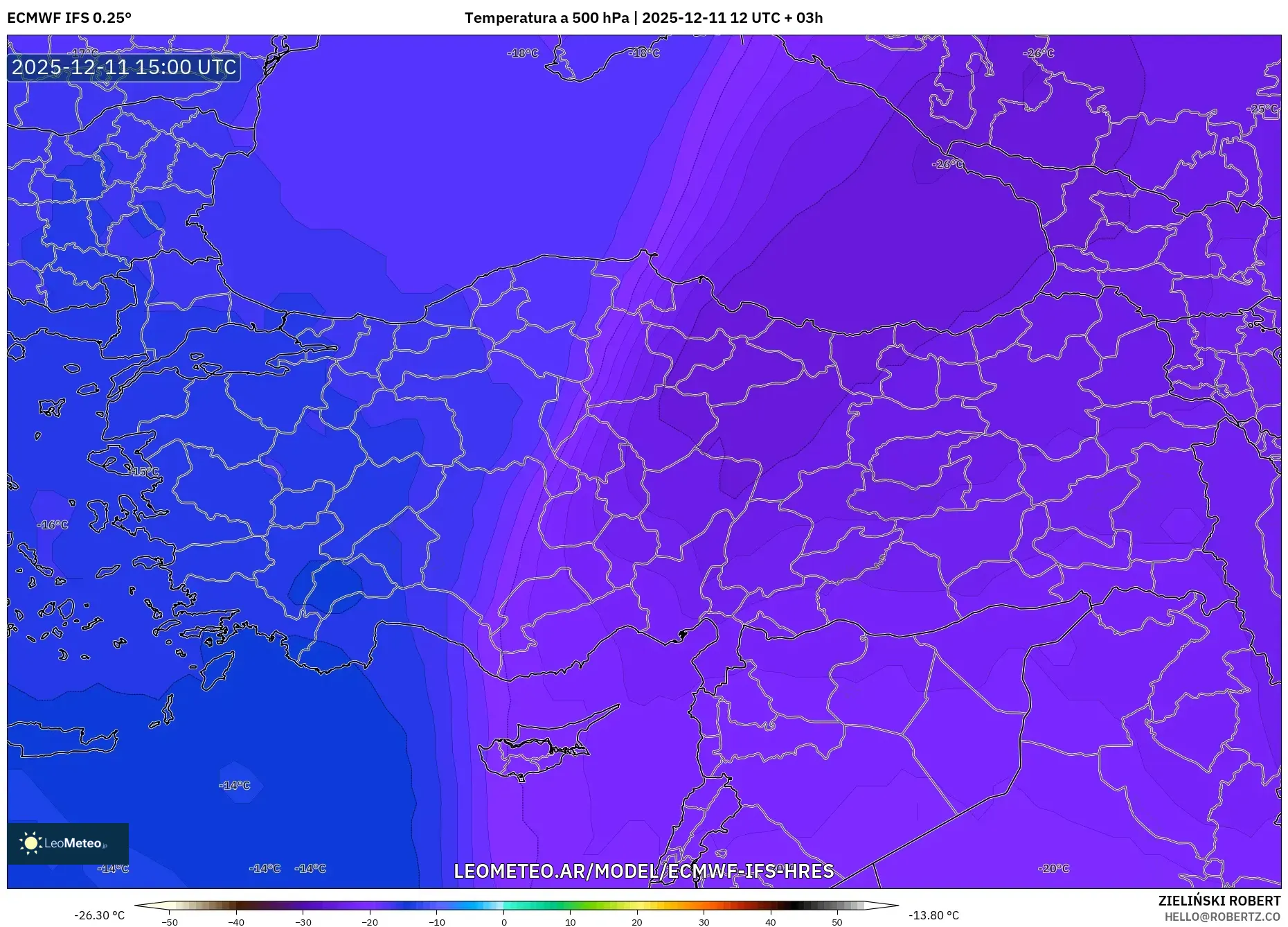 ECMWF IFS 0.25° model - Turquía, Temperatura a 500 hPa
