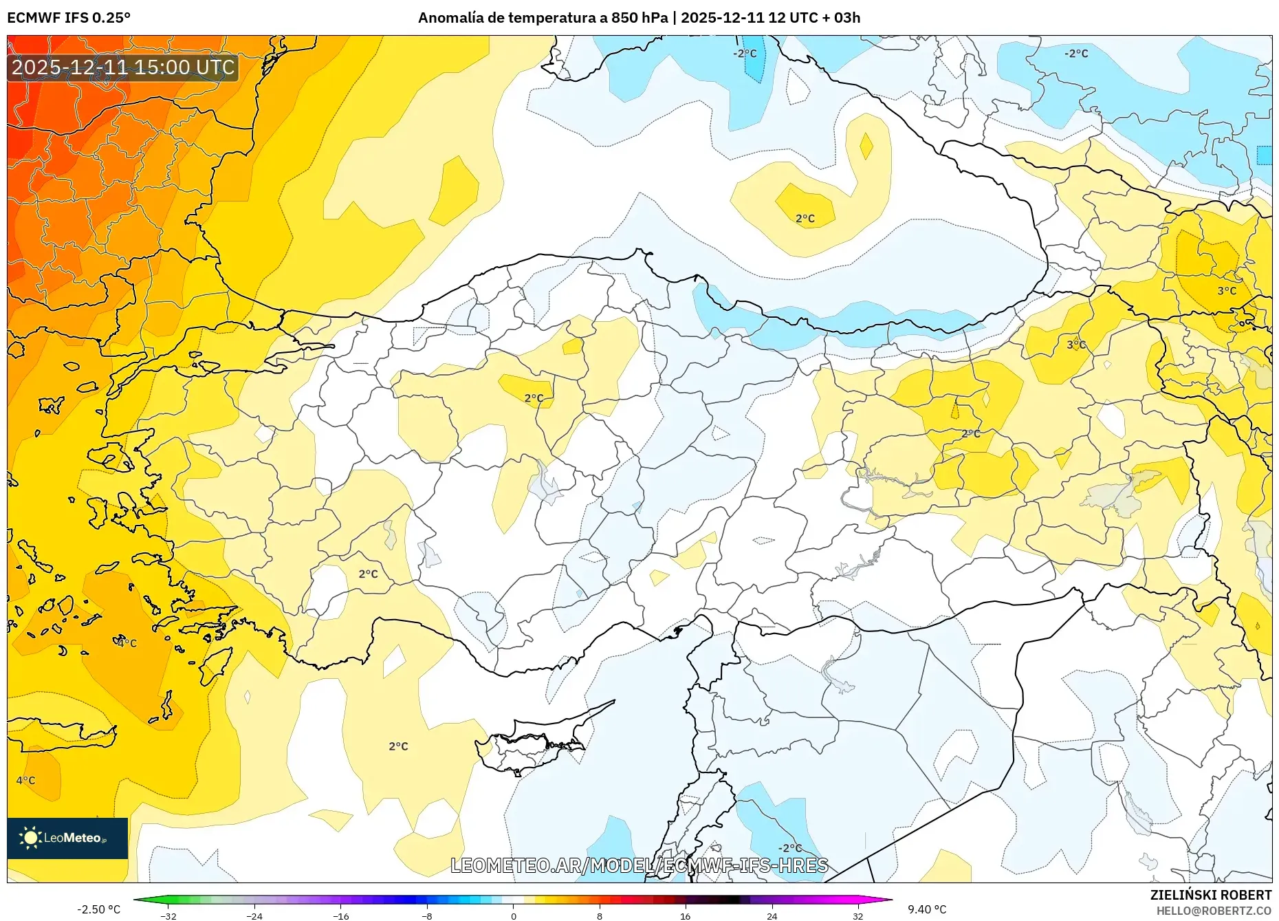 ECMWF IFS 0.25° model - Turquía, Anomalía de temperatura a 850 hPa