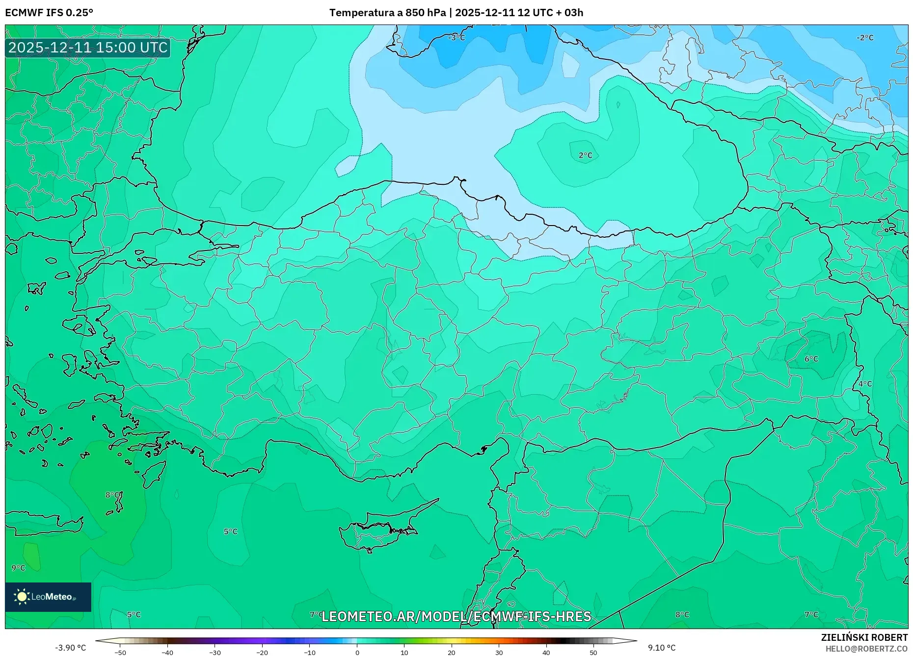 ECMWF IFS 0.25° model - Turquía, Temperatura a 850 hPa