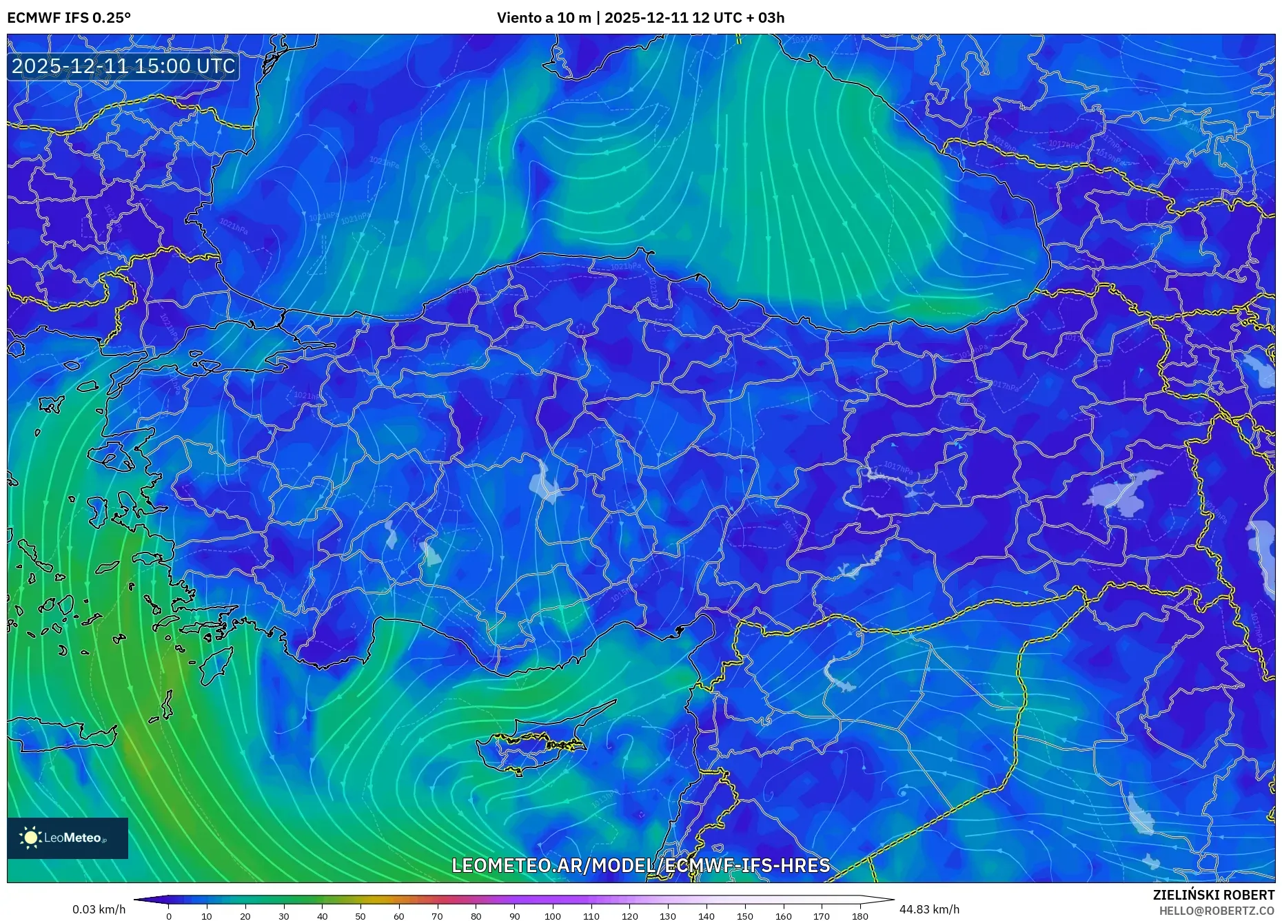 ECMWF IFS 0.25° model - Turquía, Viento a 10 m
