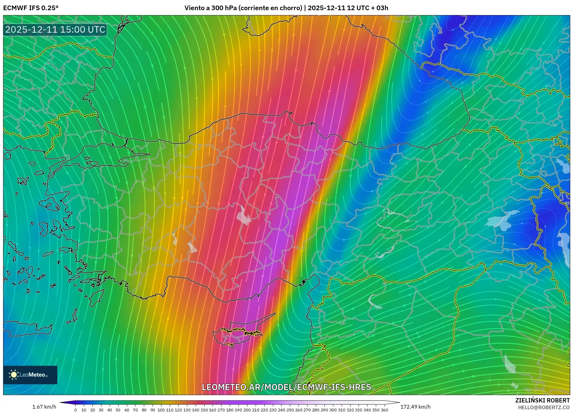 ECMWF IFS 0.25° model - Turquía, Viento a 300 hPa (corriente en chorro)