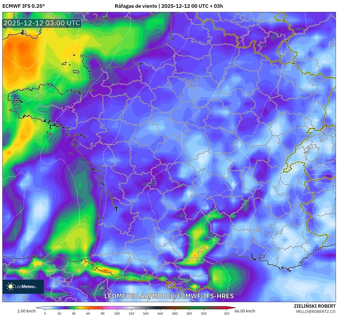 ECMWF IFS 0.25° model - Francia, Ráfagas de viento
