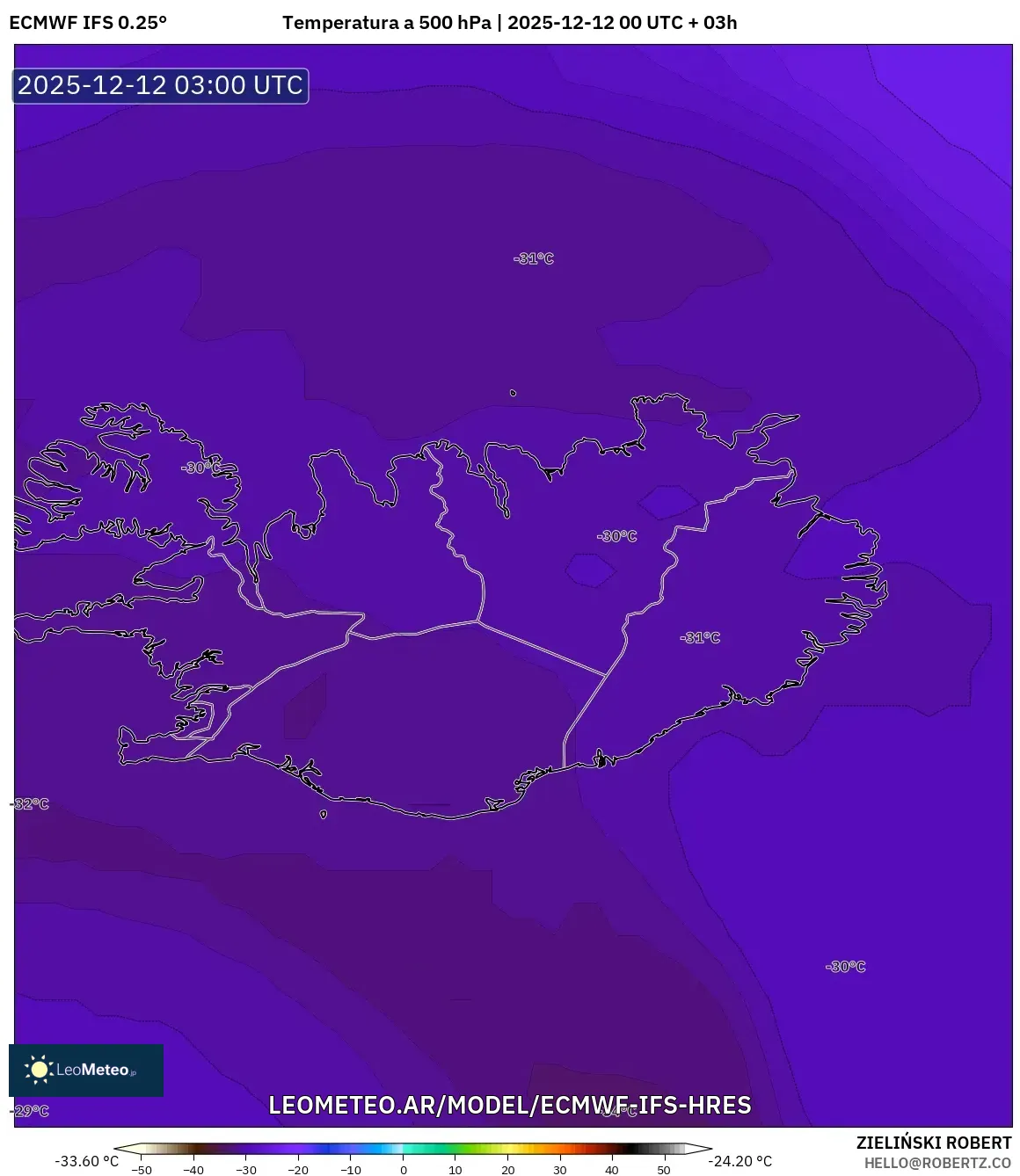 ECMWF IFS 0.25° model - Islandia, Temperatura a 500 hPa