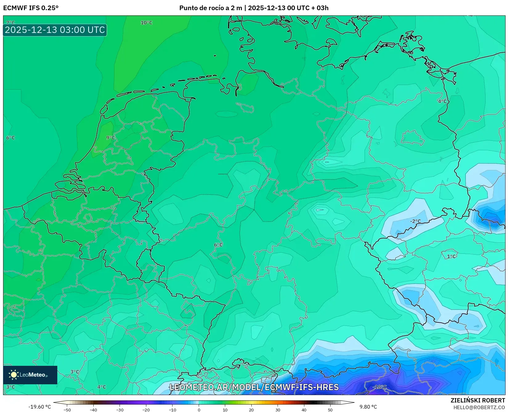 ECMWF IFS 0.25° model - Alemania, Punto de rocío a 2 m