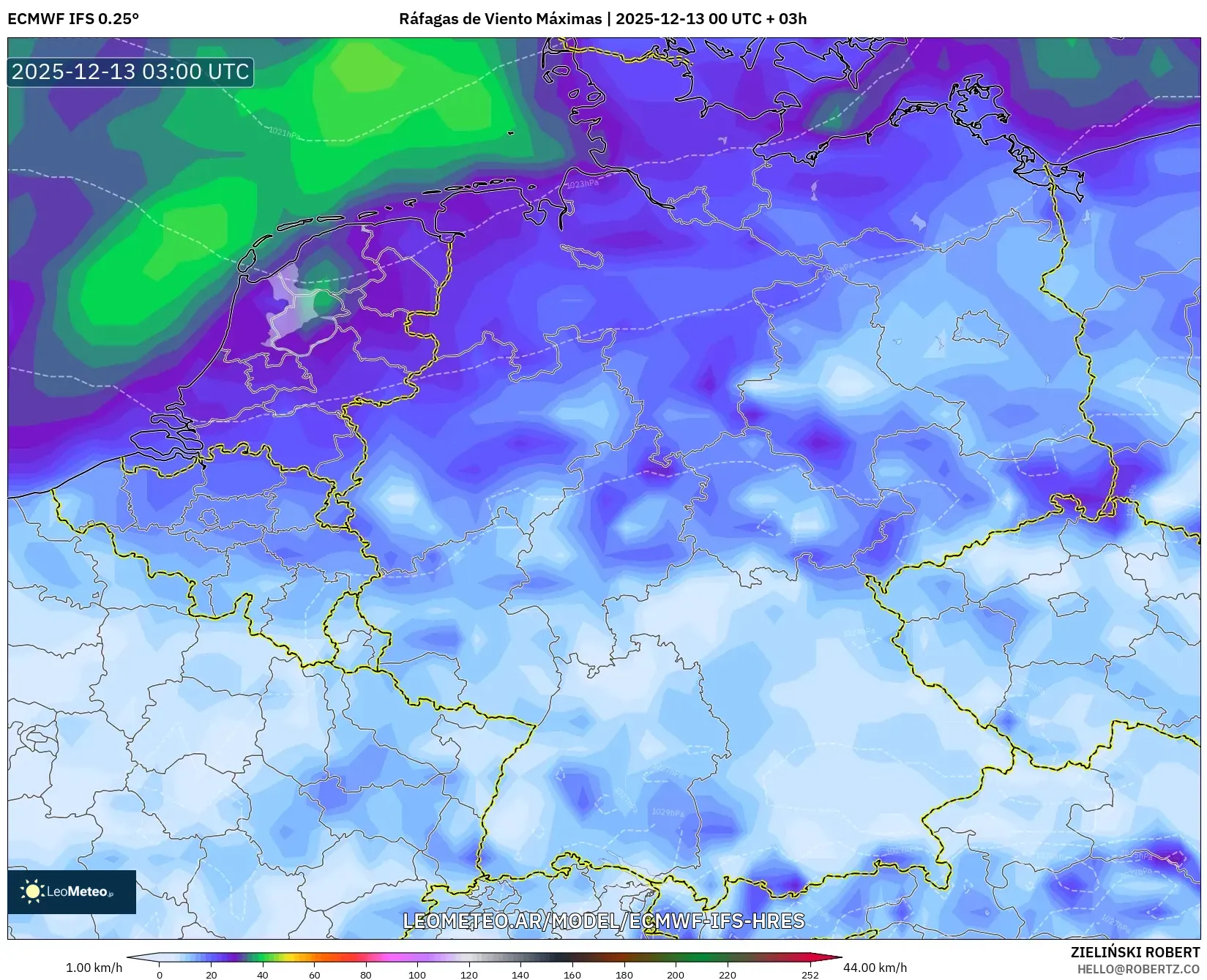 ECMWF IFS 0.25° model - Alemania, Ráfagas de Viento Máximas
