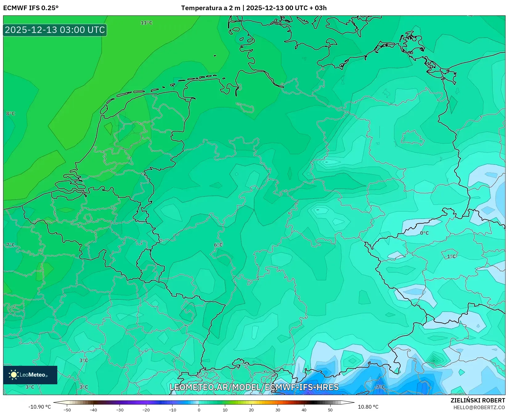 ECMWF IFS 0.25° model - Alemania, Temperatura a 2 m