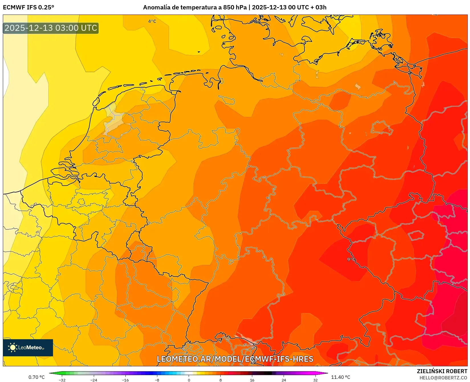 ECMWF IFS 0.25° model - Alemania, Anomalía de temperatura a 850 hPa