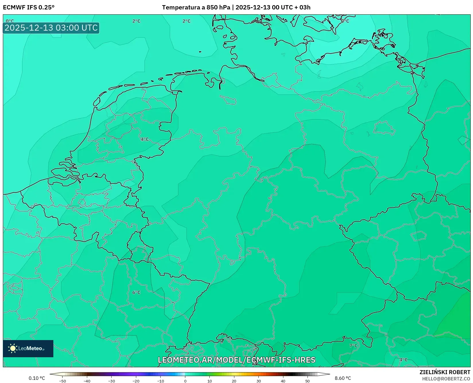 ECMWF IFS 0.25° model - Alemania, Temperatura a 850 hPa