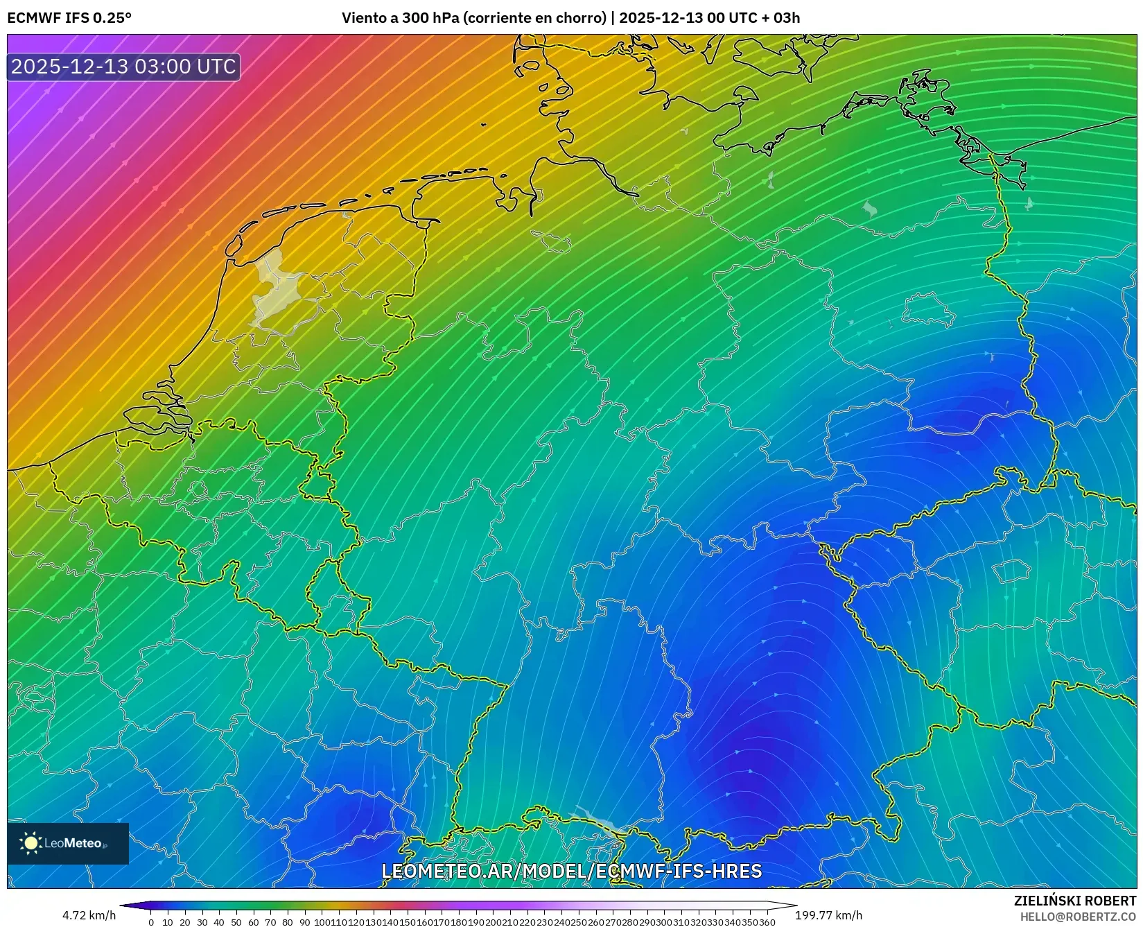 ECMWF IFS 0.25° model - Alemania, Viento a 300 hPa (corriente en chorro)
