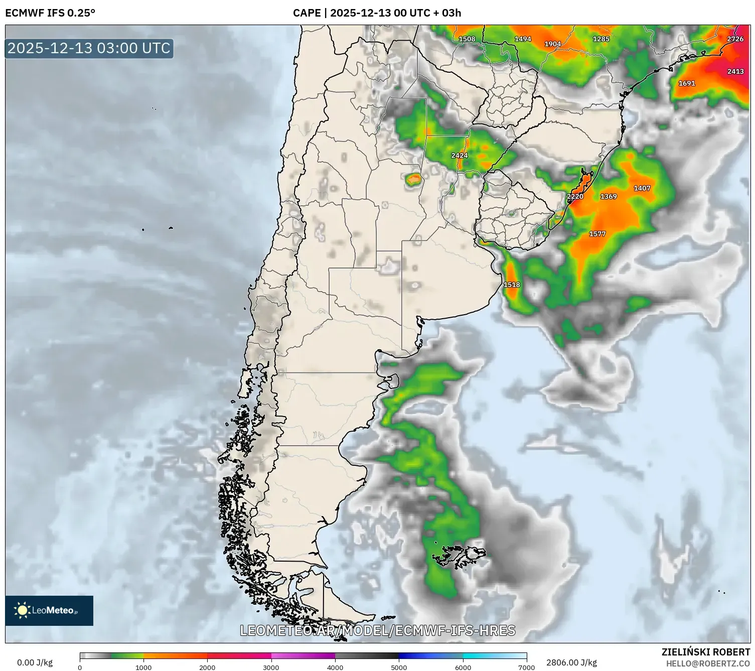 ECMWF IFS 0.25° model - Argentina, CAPE