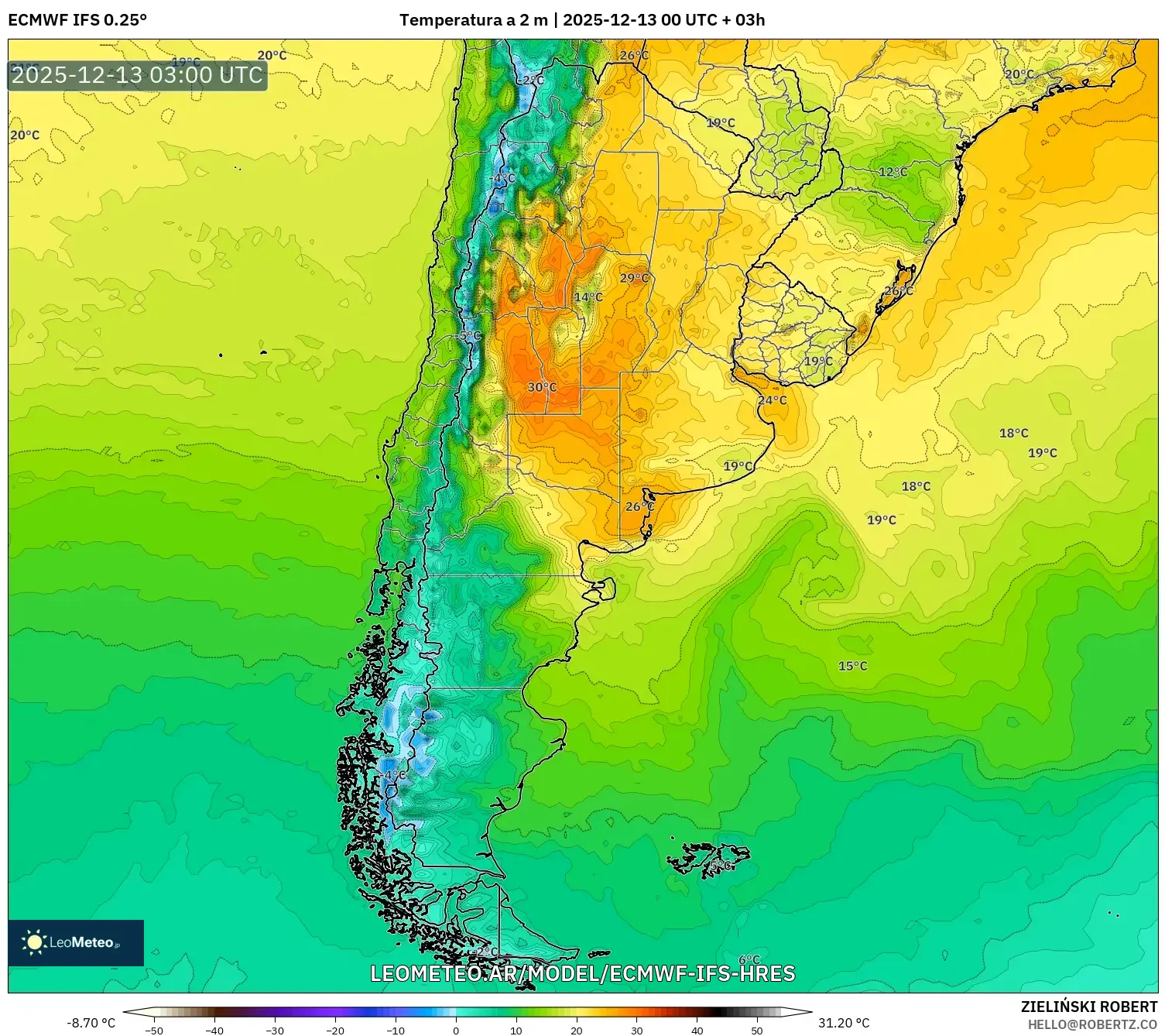 ECMWF IFS 0.25° model - Argentina, Temperatura a 2 m