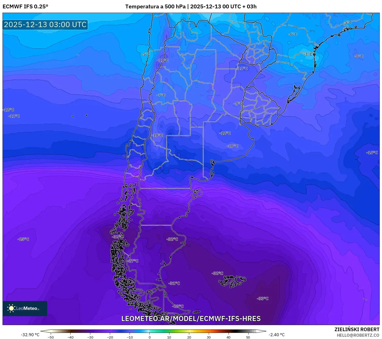 ECMWF IFS 0.25° model - Argentina, Temperatura a 500 hPa