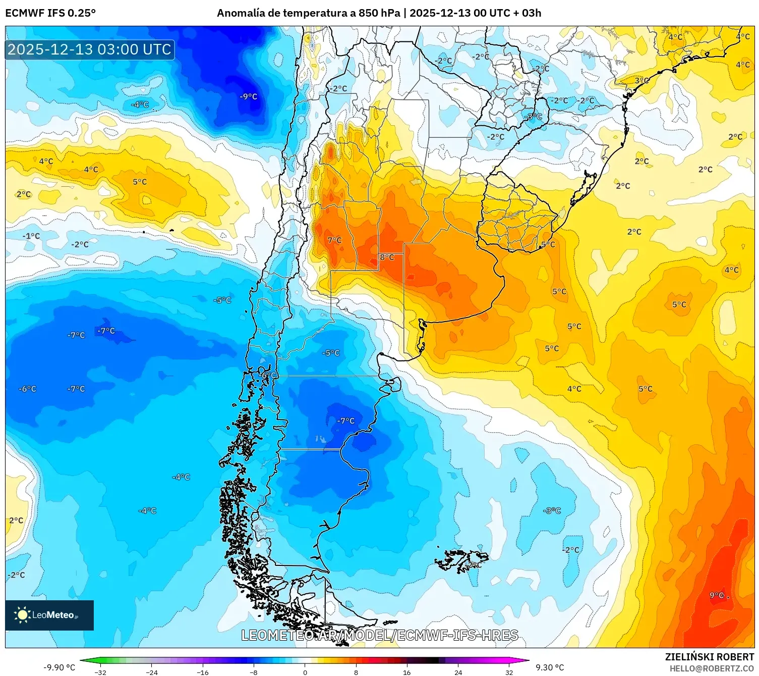 ECMWF IFS 0.25° model - Argentina, Anomalía de temperatura a 850 hPa