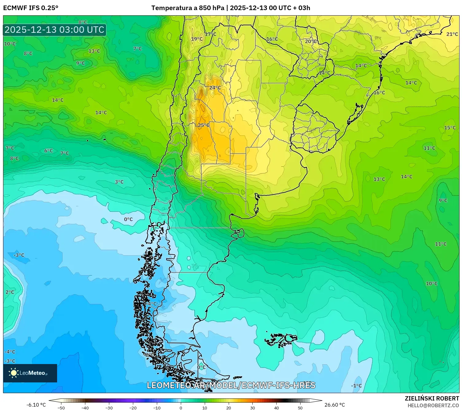 ECMWF IFS 0.25° model - Argentina, Temperatura a 850 hPa