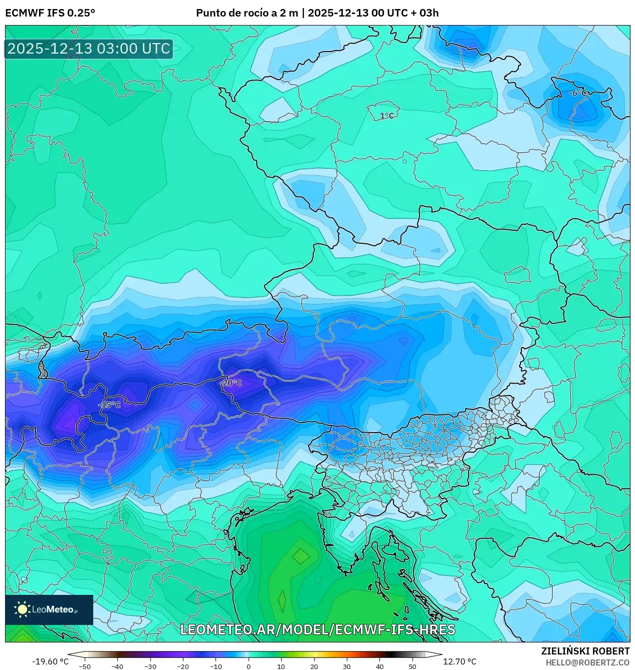 ECMWF IFS 0.25° model - Austria, Punto de rocío a 2 m