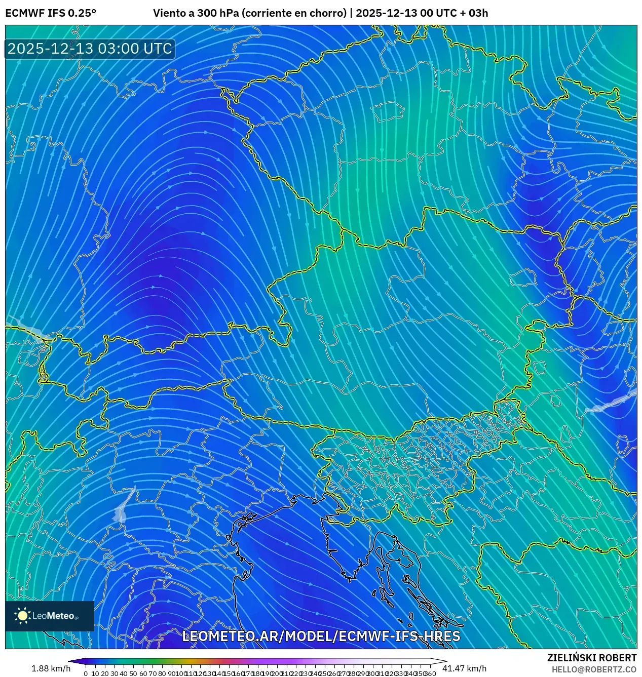 ECMWF IFS 0.25° model - Austria, Viento a 300 hPa (corriente en chorro)