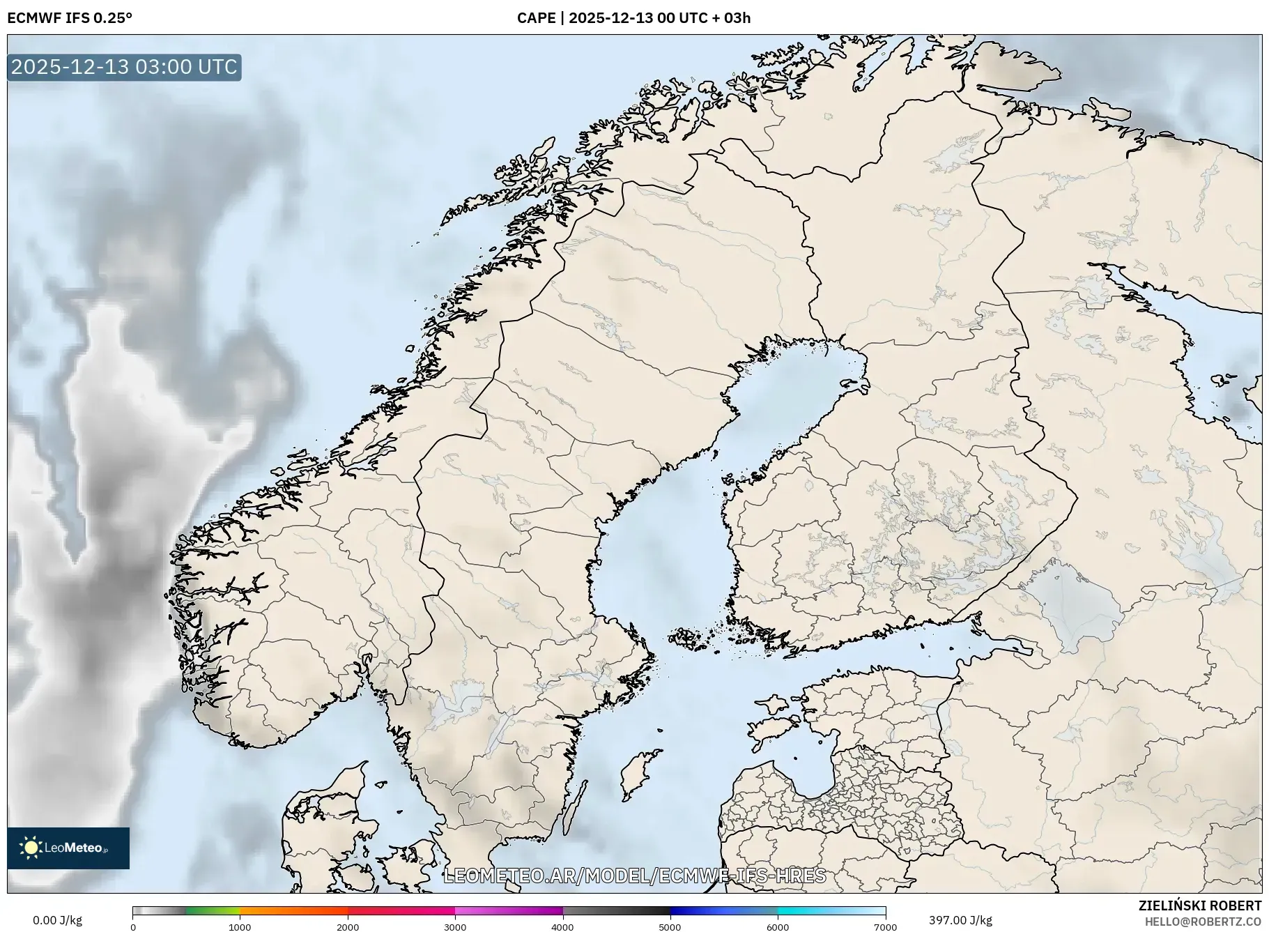 ECMWF IFS 0.25° model - Escandinavia, CAPE