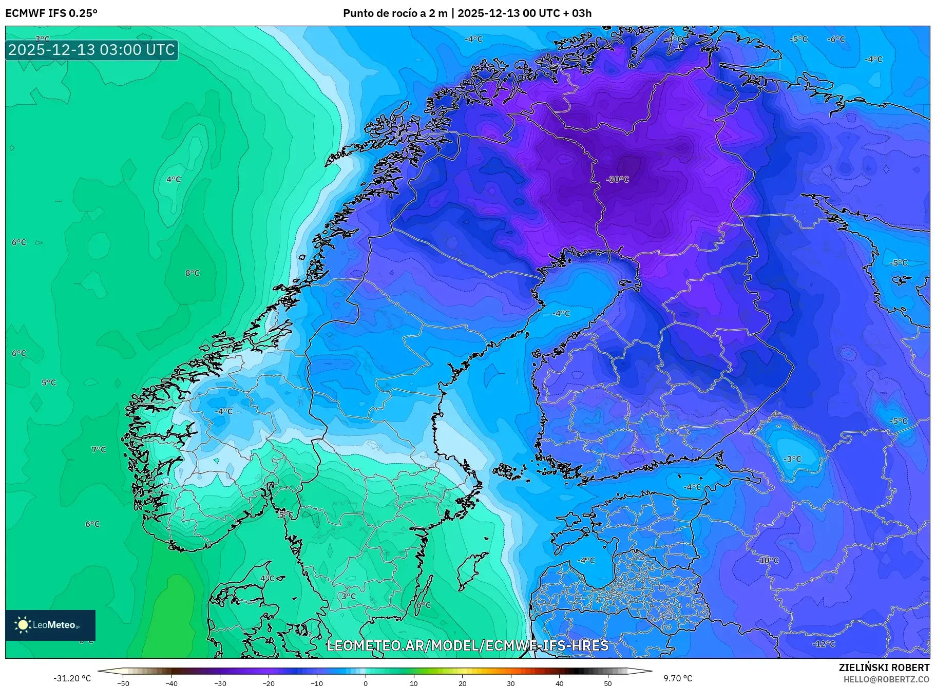 ECMWF IFS 0.25° model - Escandinavia, Punto de rocío a 2 m