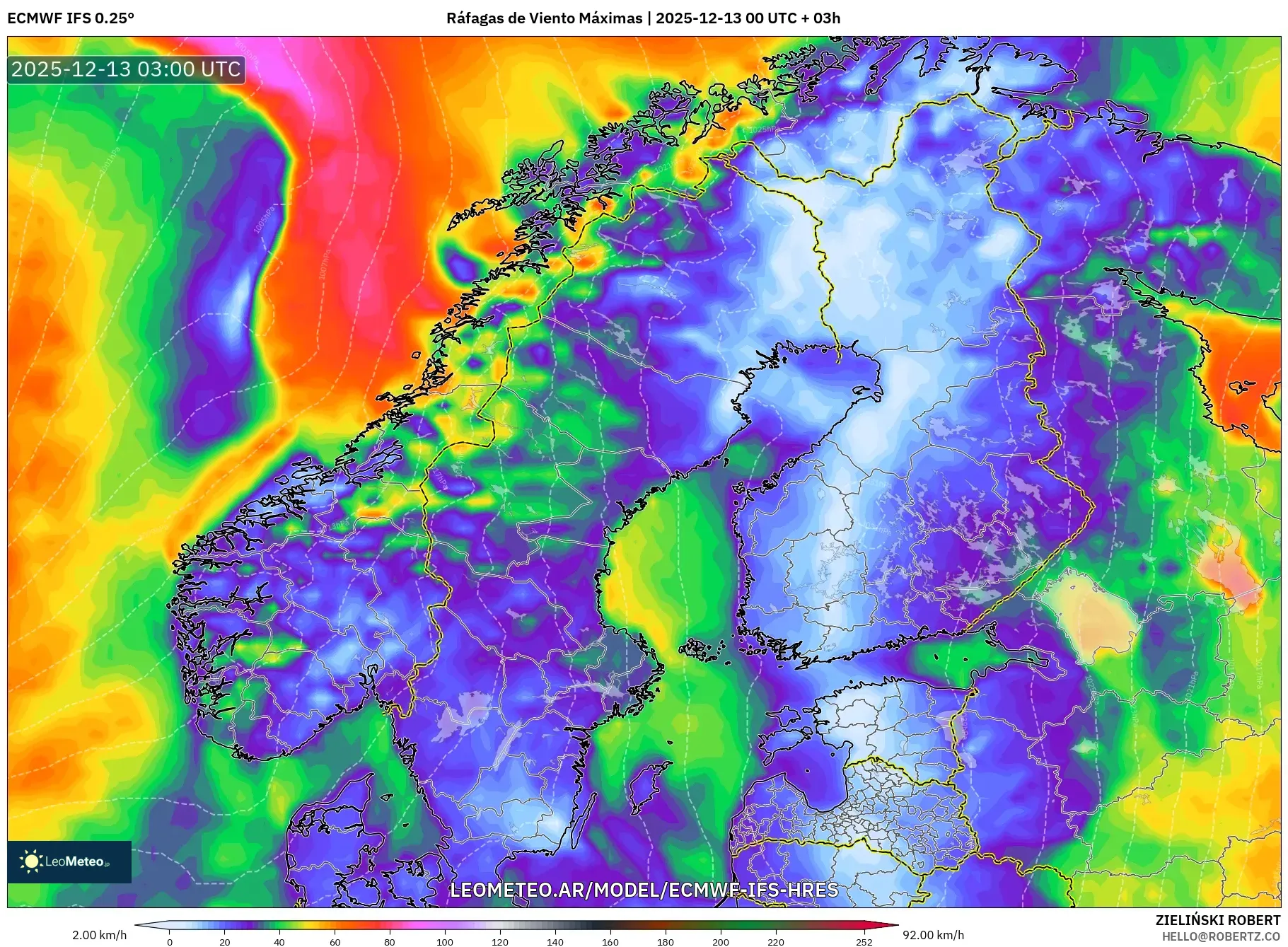 ECMWF IFS 0.25° model - Escandinavia, Ráfagas de Viento Máximas