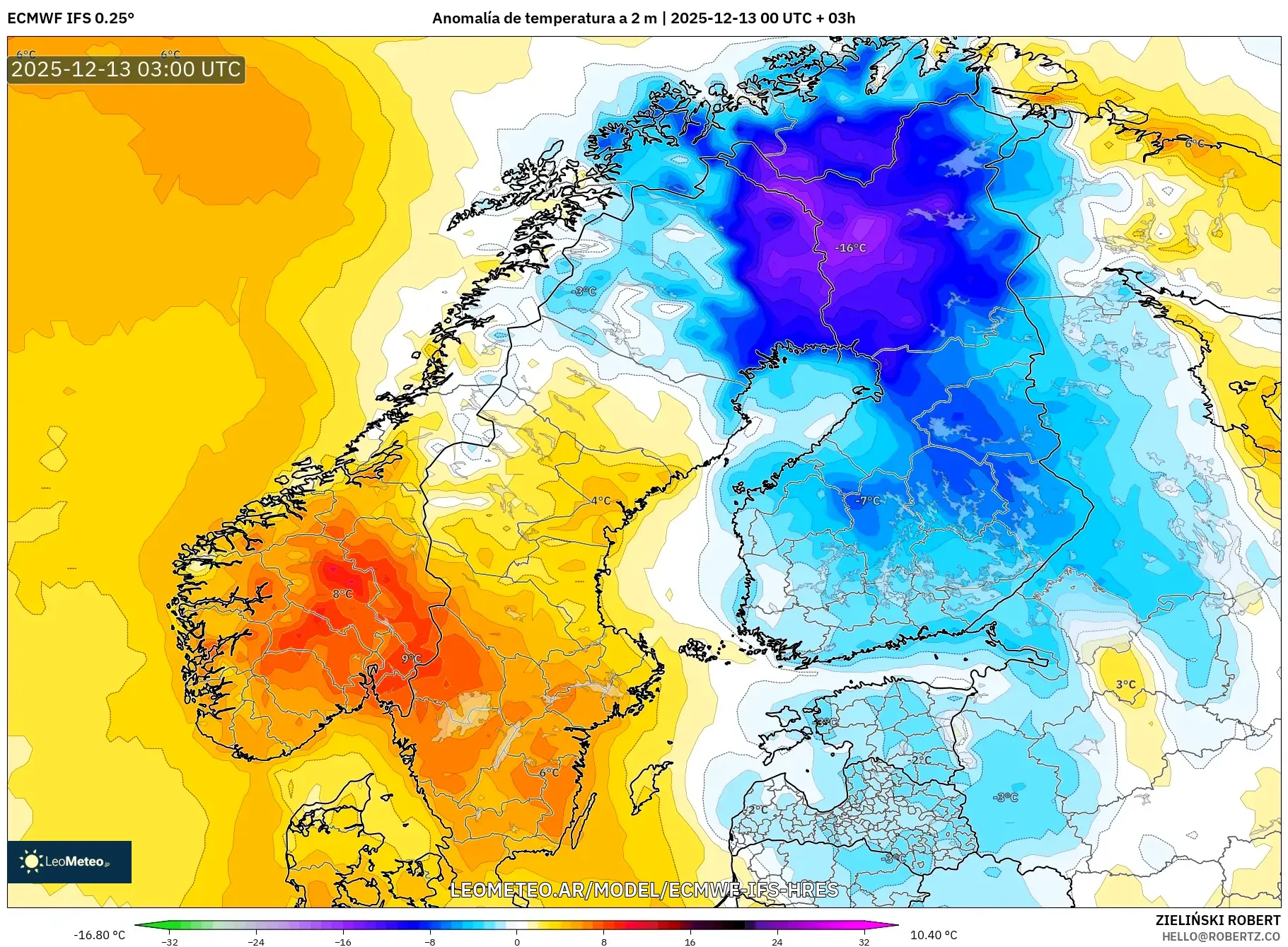 ECMWF IFS 0.25° model - Escandinavia, Anomalía de temperatura a 2 m