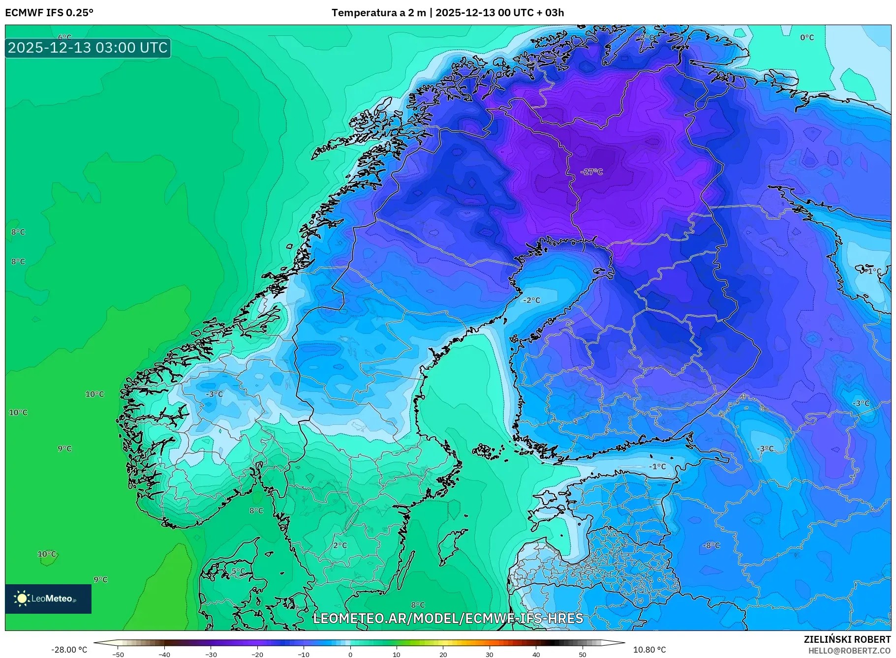 ECMWF IFS 0.25° model - Escandinavia, Temperatura a 2 m
