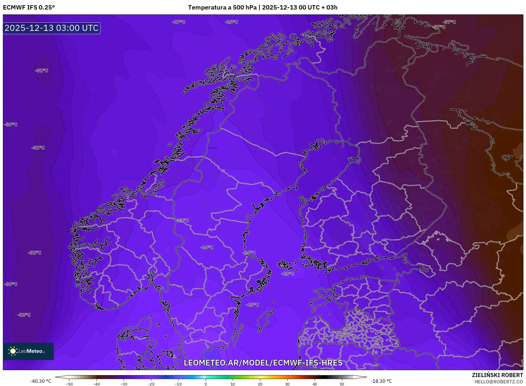ECMWF IFS 0.25° model - Escandinavia, Temperatura a 500 hPa