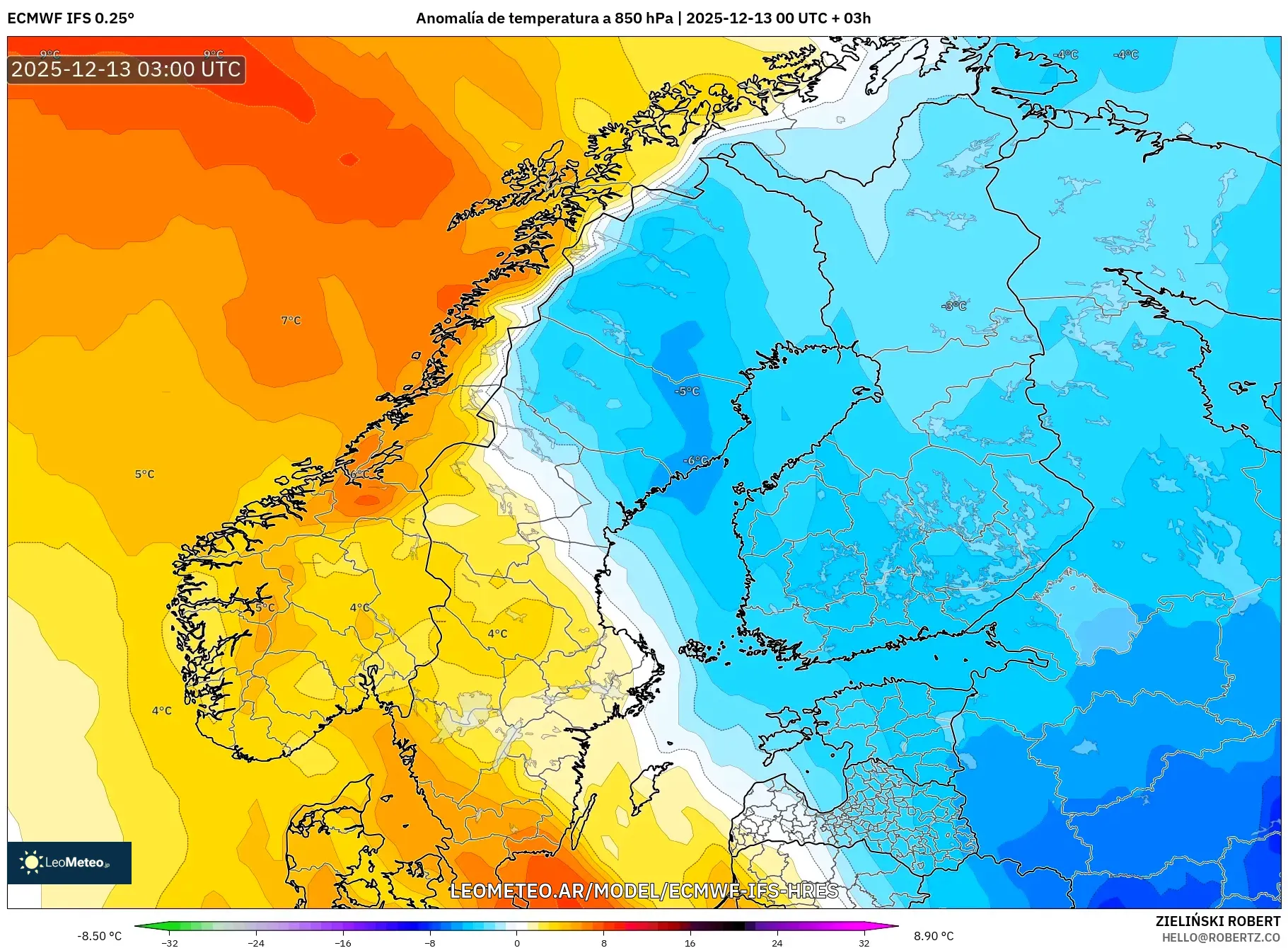 ECMWF IFS 0.25° model - Escandinavia, Anomalía de temperatura a 850 hPa