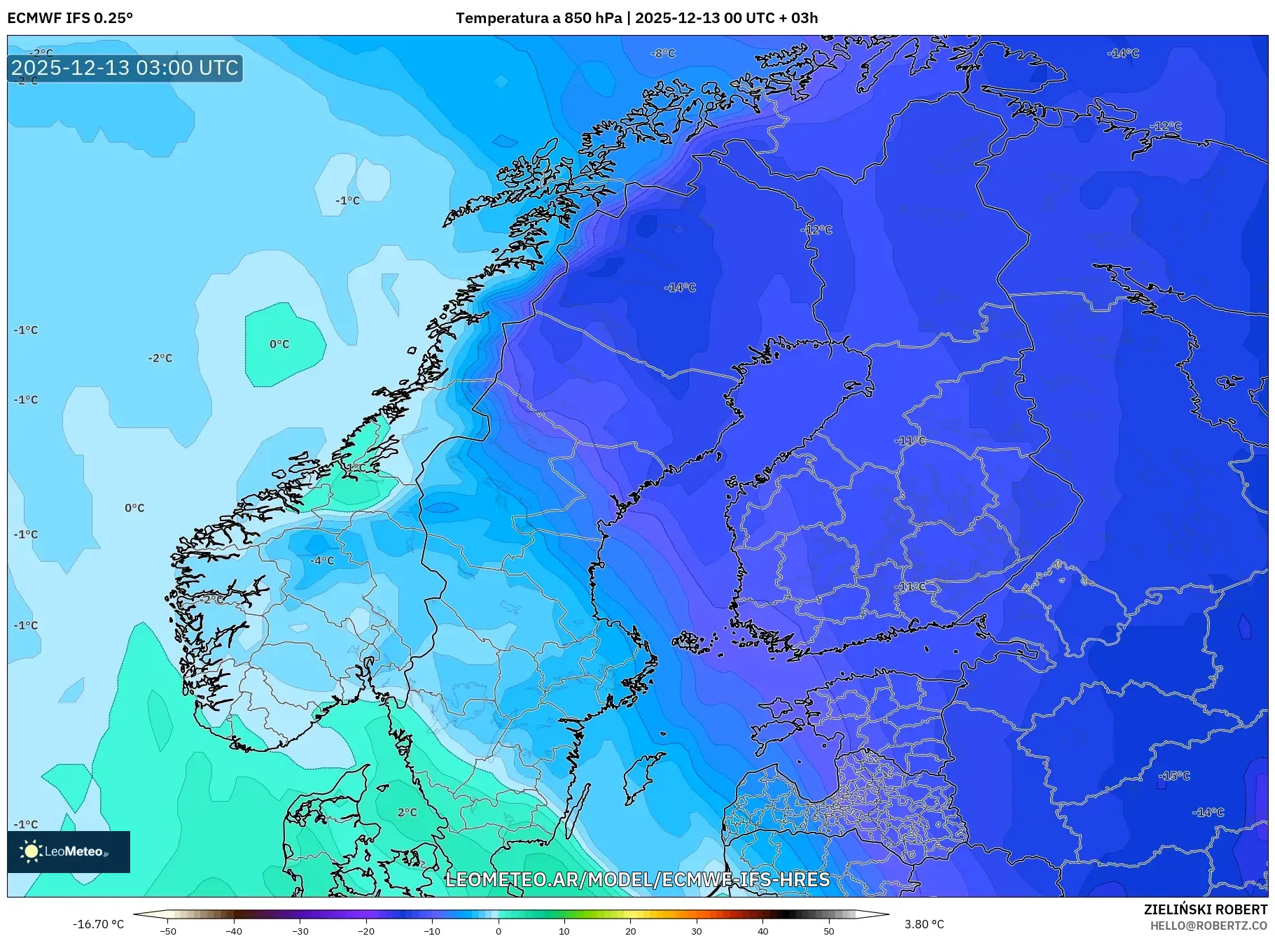 ECMWF IFS 0.25° model - Escandinavia, Temperatura a 850 hPa