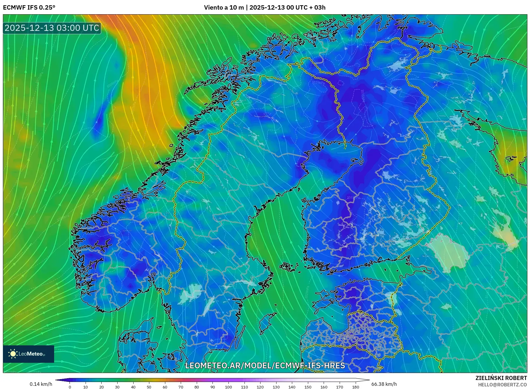 ECMWF IFS 0.25° model - Escandinavia, Viento a 10 m