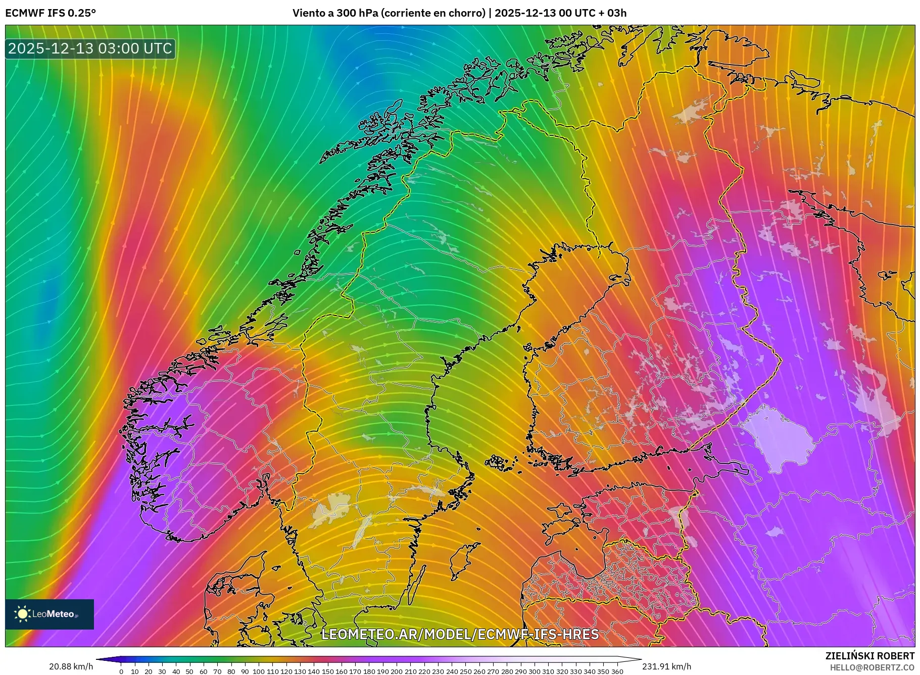 ECMWF IFS 0.25° model - Escandinavia, Viento a 300 hPa (corriente en chorro)