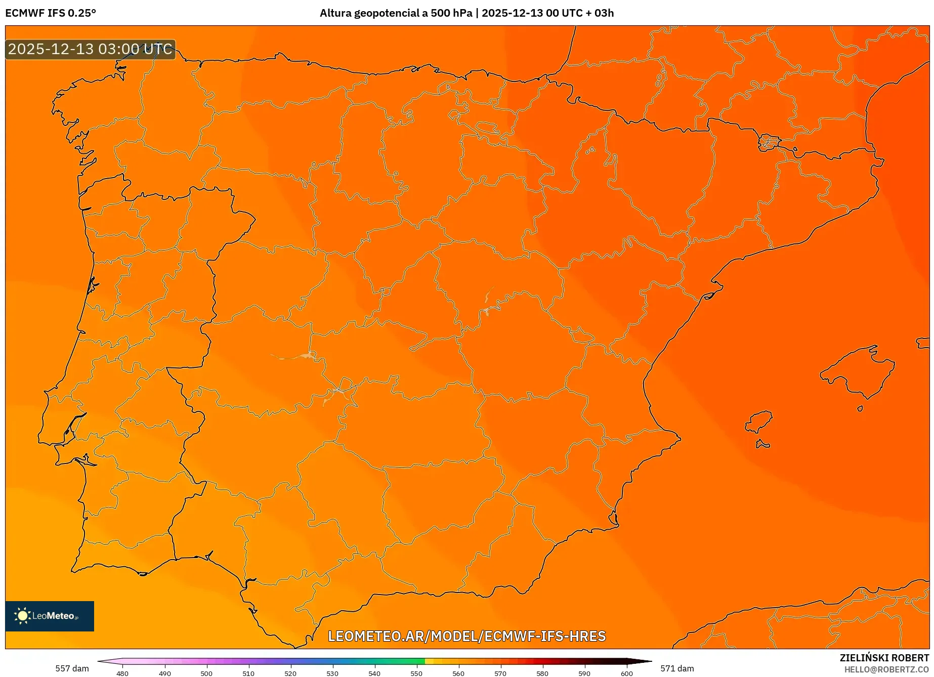 ECMWF IFS 0.25° model - España, Altura geopotencial a 500 hPa