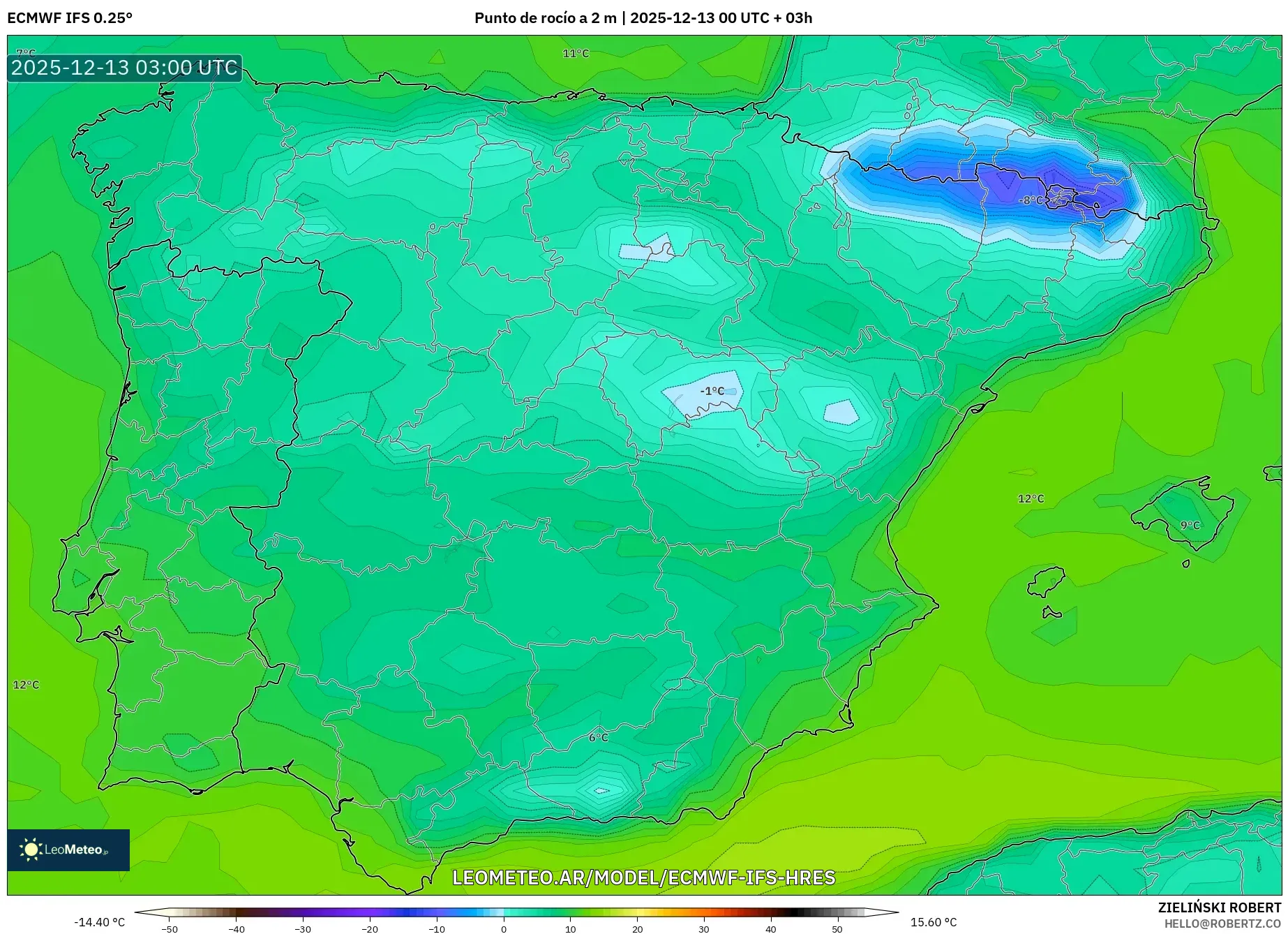 ECMWF IFS 0.25° model - España, Punto de rocío a 2 m