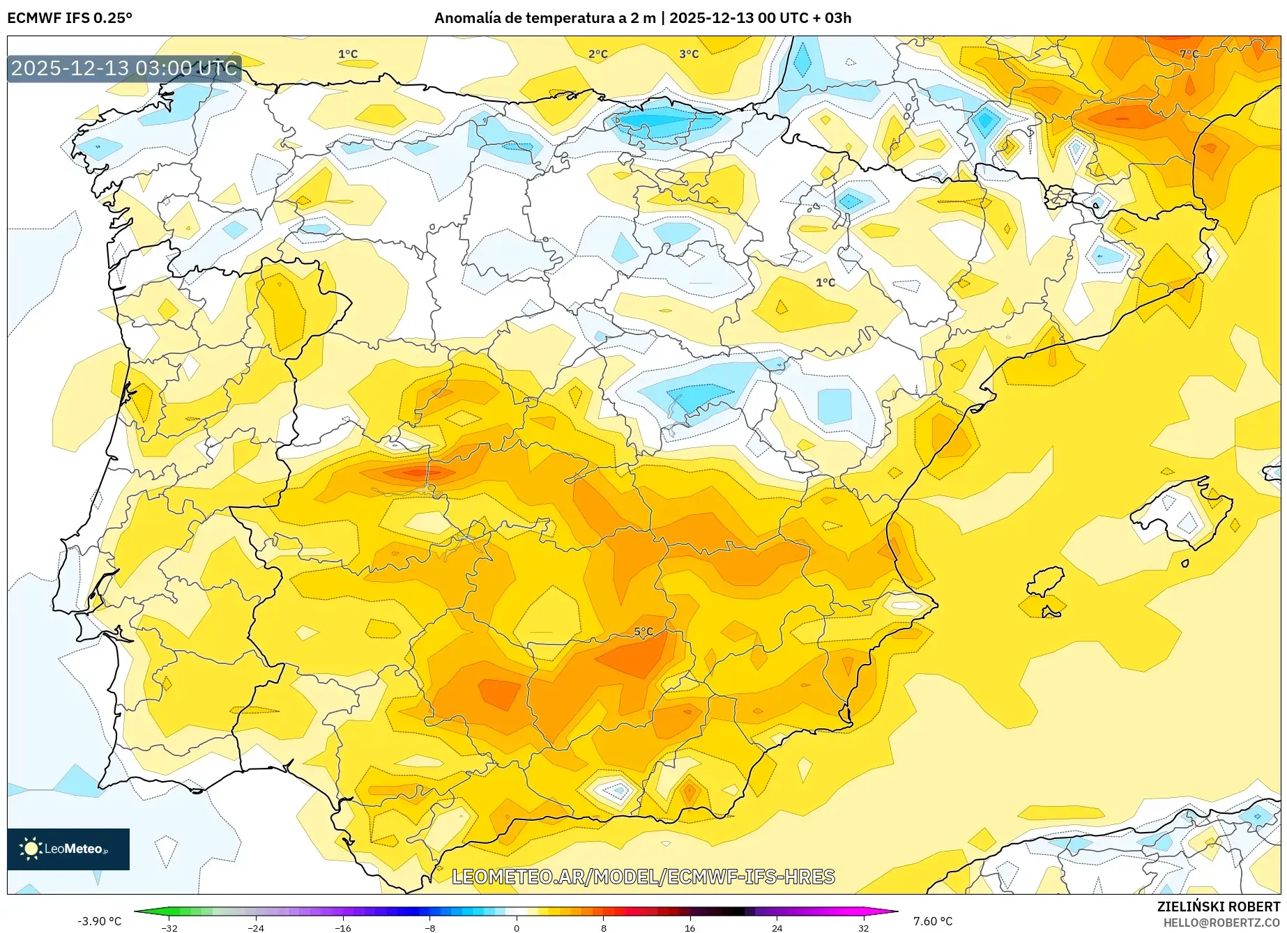 ECMWF IFS 0.25° model - España, Anomalía de temperatura a 2 m