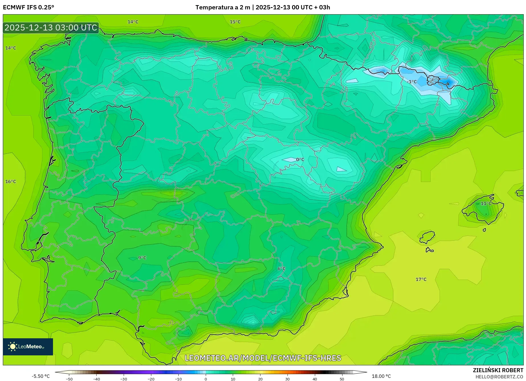 ECMWF IFS 0.25° model - España, Temperatura a 2 m