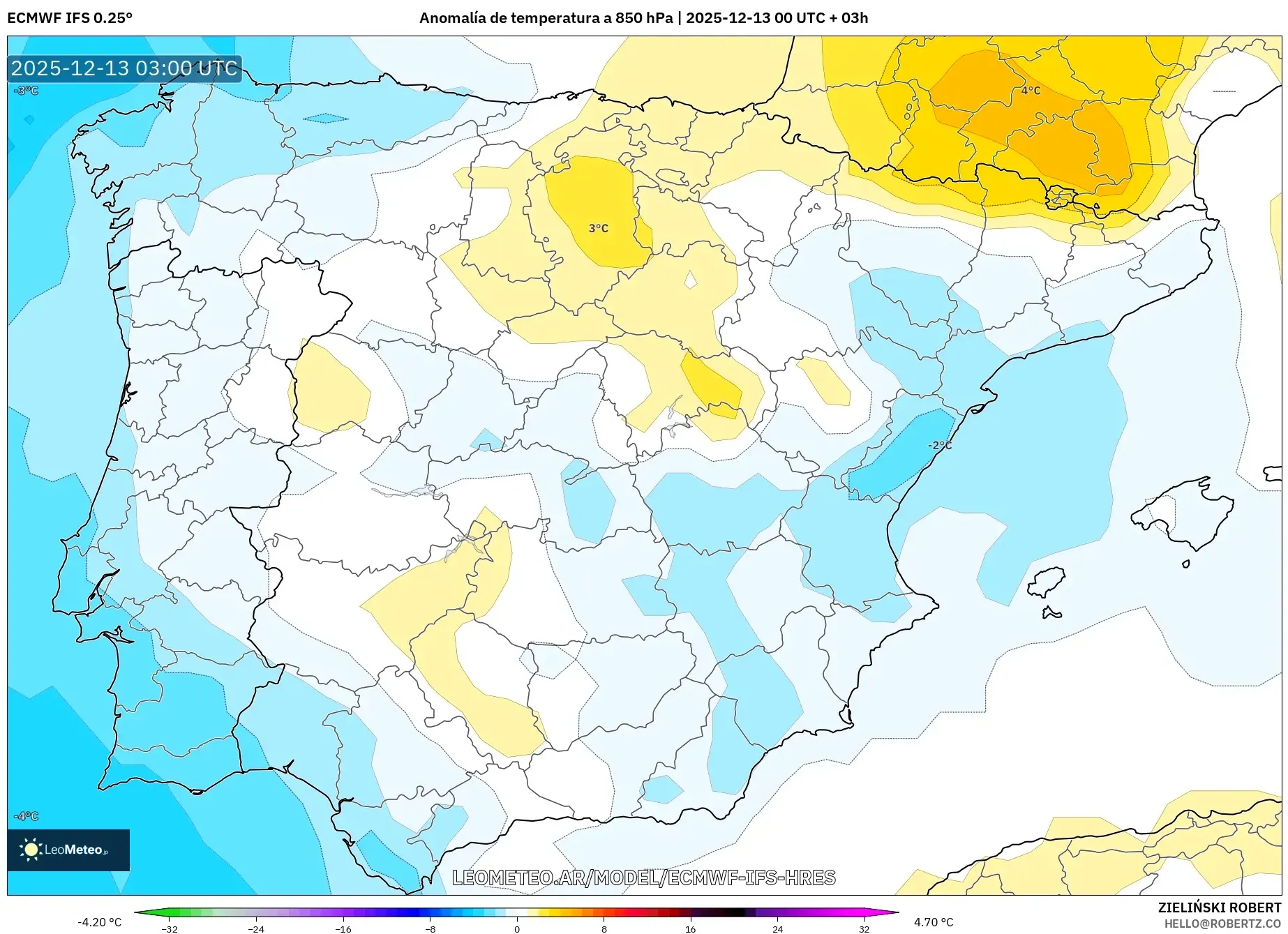 ECMWF IFS 0.25° model - España, Anomalía de temperatura a 850 hPa