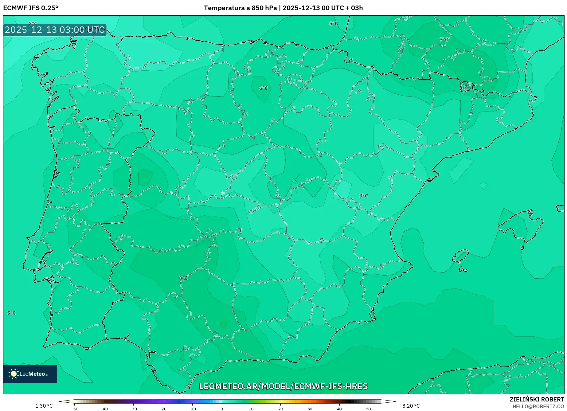 ECMWF IFS 0.25° model - España, Temperatura a 850 hPa